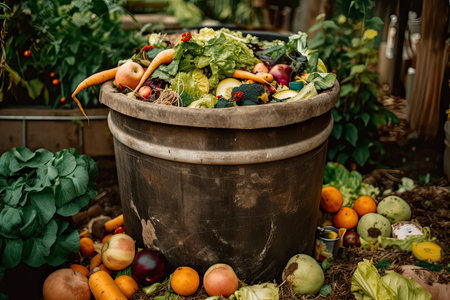 Expired Organic bio waste. Mix Vegetables and fruits in a huge container, in a rubbish bin. Heap of Compost from vegetables or food for animals.Generative AIの素材
