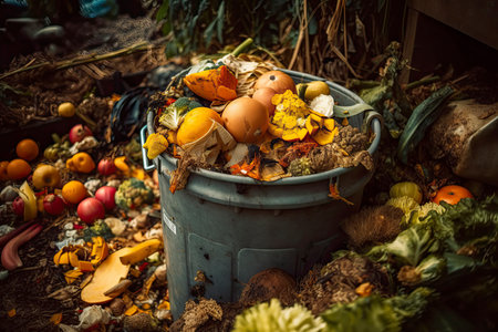Expired Organic bio waste. Mix Vegetables and fruits in a huge container, in a rubbish bin. Heap of Compost from vegetables or food for animals.Generative AIの素材