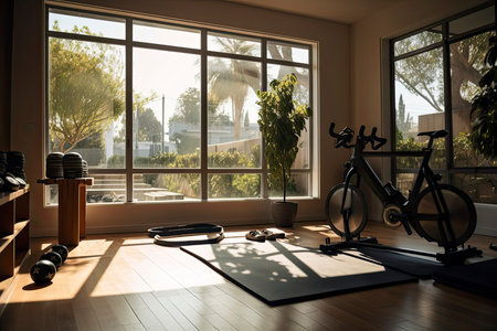 Personal Training Studio With Barbell, Dumbbells, Exercise Bike And Garden View From The Window.Generative AIの素材