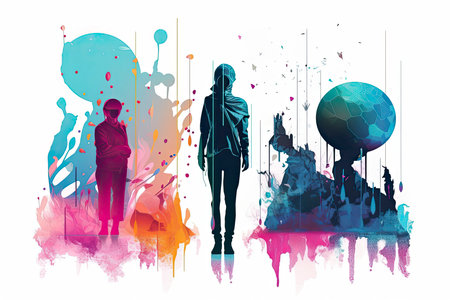 Retro futuristic abstract sci-fi techno rave elements with human silhouette.Generative AIの素材