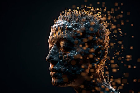 3D dissolving human head made with cube shaped particles.Generative AIの素材