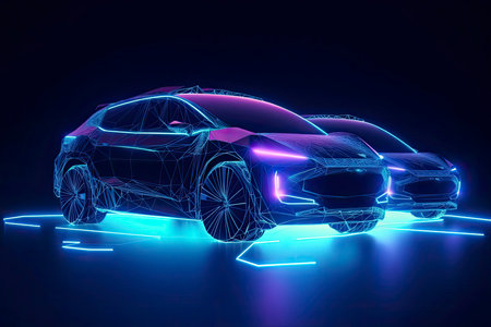 Abstract speed electric cars In the illustration, electric cars are powered by electric energy. Future energy.on blue background.Generative AIの素材