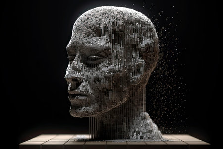 3D dissolving human head made with cube shaped particles.Generative AIの素材