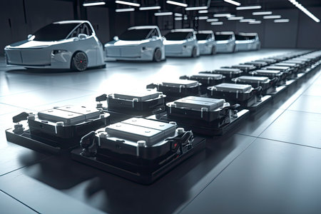 electric cars with pack of battery cells module on platform in a row.Generative AIの素材