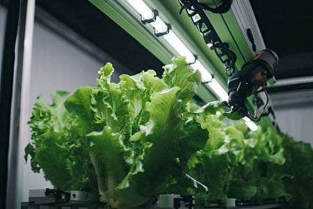 Automatic Agricultural Technology With Close-up View Of Robotic Arm Harvesting Lettuce In Vertical Hydroponic Plant.Generative AIの素材