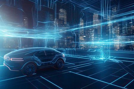 Abstract Metaverse Virtual reality Concept Buildings, digital car of Future technology metaverse connected to the virtual space on a modern background.Generative AIの素材