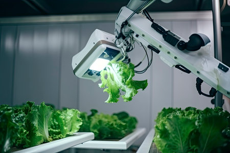 Automatic Agricultural Technology With Close-up View Of Robotic Arm Harvesting Lettuce In Vertical Hydroponic Plant.Generative AIの素材