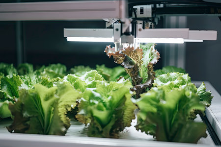 Automatic Agricultural Technology With Close-up View Of Robotic Arm Harvesting Lettuce In Vertical Hydroponic Plant.Generative AIの素材