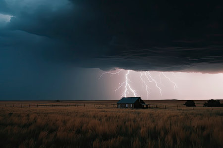 dramatic lightning thundertbolt bolt strike in daylight rural surrounding bad weather dark sky.Generative AIの素材
