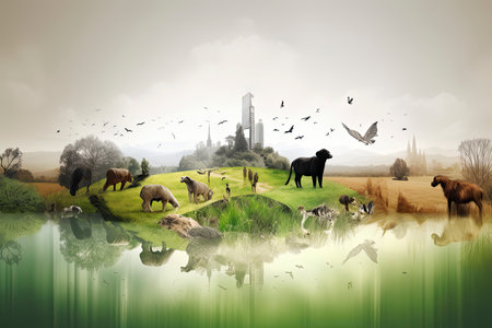 ecology and environment concept, photographic mixed with illustration.Generative AIの素材