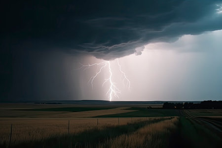 dramatic lightning thundertbolt bolt strike in daylight rural surrounding bad weather dark sky.Generative AIの素材