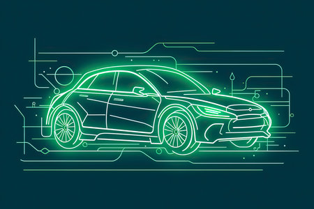 Green eco car with charge plug isolated hybrid vehicle thin line icon.Generative AIの素材