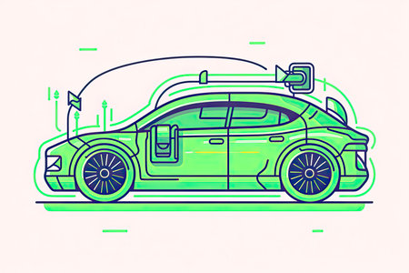 Green eco car with charge plug isolated hybrid vehicle thin line icon.Generative AIの素材