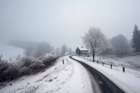 Beautiful view of the snowy curve country road in snowfall.Generative AIの素材