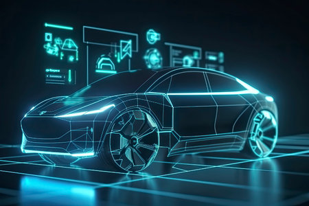 Electric vehicle charging with graphical user interface, Future technology EV car concept.Generative AIの素材