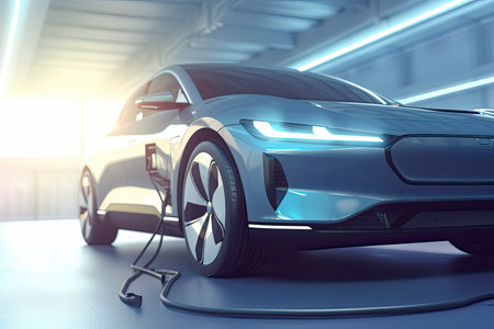 Charging an electric car with a public charger in a parking lot.Generative AIの素材