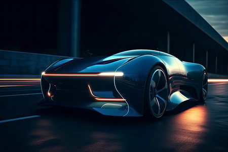 generic electric car with battery visible x-ray charging at public charger in city parking lot with lens flare 3d render.Generative AIの素材