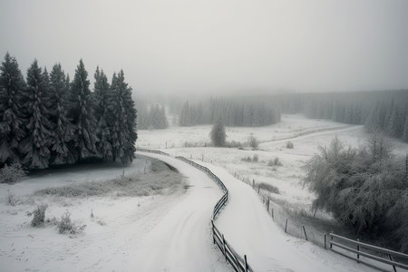 Beautiful view of the snowy curve country road in snowfall.Generative AIの素材