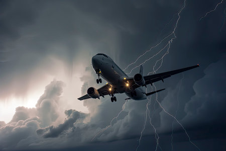 Big plane coming out of heavy thunder and lightning clouds.Generative AIの素材