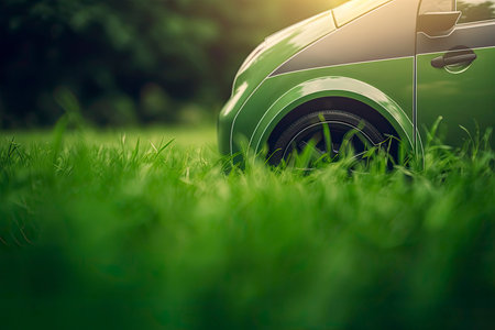 electric car with green leaf icon on blur grass background, ecology and environment concept.Generative AI