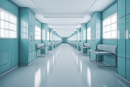 Long hospital bright corridor with rooms and blue seats 3D rendering.Generative AIの素材