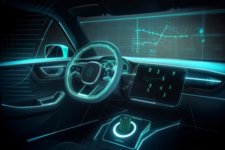 Electric vehicle charging with graphical user interface, Future technology EV car concept.Generative AIの素材