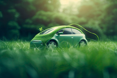 electric car with green leaf icon on blur grass background, ecology and environment concept.Generative AIの素材