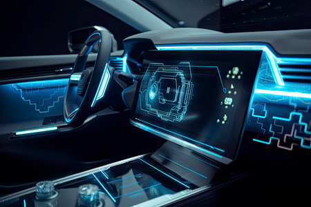 Electric vehicle charging with graphical user interface, Future technology EV car concept.Generative AIの素材