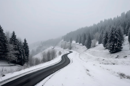 Beautiful view of the snowy curve country road in snowfall.Generative AIの素材