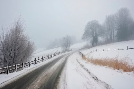 Beautiful view of the snowy curve country road in snowfall.Generative AIの素材