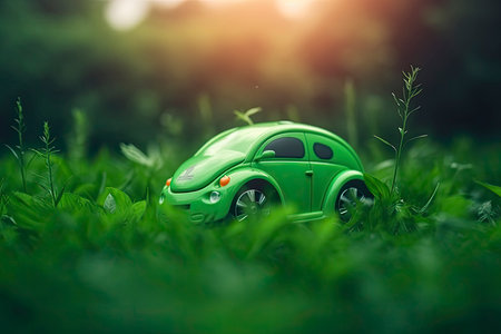 electric car with green leaf icon on blur grass background, ecology and environment concept.Generative AIの素材