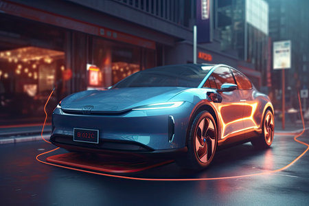 Charging an electric car with a public charger in a parking lot.Generative AIの素材