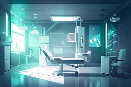 Modern Hospital interior with lamps and ultra modern devices, technology in modern clinic.Generative AIの素材