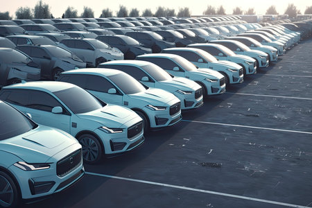 New self driving cars fleet waiting to be exported, large amounts of electric vehicle in dealership parking.Generative AIの素材