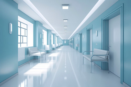 Long hospital bright corridor with rooms and blue seats 3D rendering.Generative AIの素材