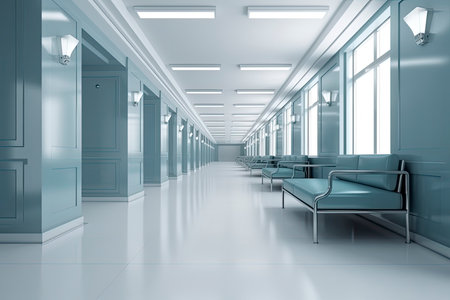 Long hospital bright corridor with rooms and blue seats 3D rendering.Generative AIの素材