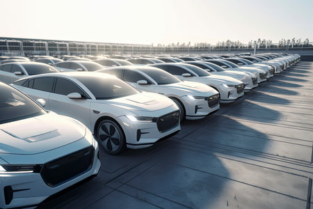 New self driving cars fleet waiting to be exported, large amounts of electric vehicle in dealership parking.Generative AIの素材