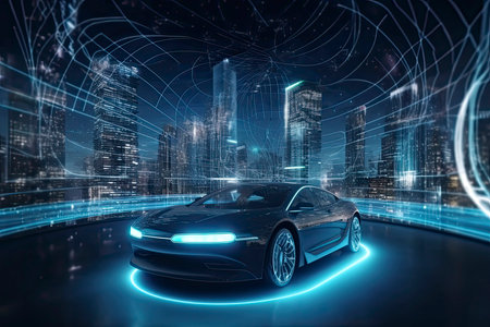 Abstract Metaverse Virtual reality Concept Buildings, digital car of Future technology metaverse connected to the virtual space on a modern background.Generative AIの素材