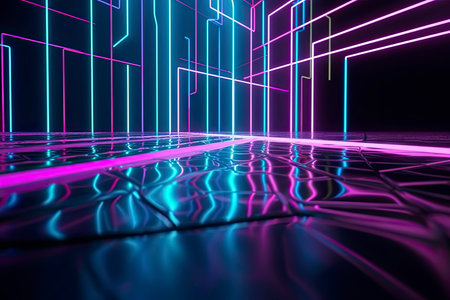 abstract neon background with pink and blue neon lines and reflection on the floor.Generative AIの素材