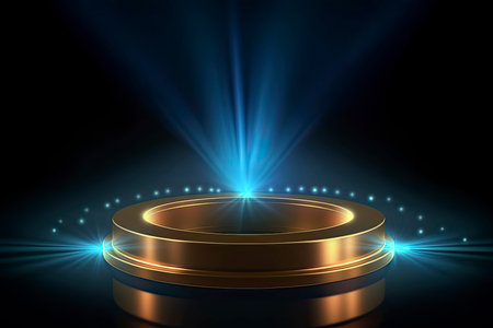 3D podium platform golden ring circles lighting effect backdrop with spotlight on blue stage background.Generative AIの素材