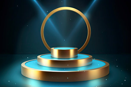 3D podium platform golden ring circles lighting effect backdrop with spotlight on blue stage background.Generative AIの素材