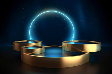 3D podium platform golden ring circles lighting effect backdrop with spotlight on blue stage background.Generative AIの素材