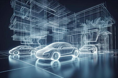 Abstract Metaverse Virtual reality Concept Buildings, digital car of Future technology metaverse connected to the virtual space on a modern background.Generative AIの素材