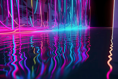 abstract neon background with pink and blue neon lines and reflection on the floor.Generative AIの素材