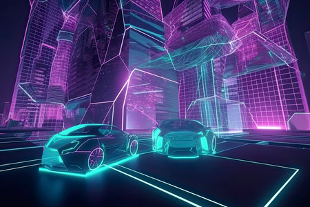 Abstract Metaverse Virtual reality Concept Buildings, digital car of Future technology metaverse connected to the virtual space on a modern background.Generative AIの素材