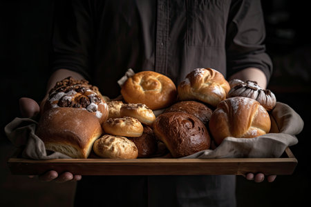 Bakery - various kinds of breadstuff on the rustic tray in baker's hands. Bread rolls, baguette, sweet bun and croissant - closeup.Generative AIの素材