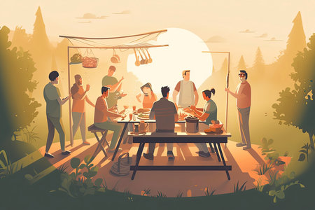 Concept of a moment of conviviality, with a group of friends gathered around a barbecue, to spend a moment of relaxation under the sun of a summer day.Generative AIの素材