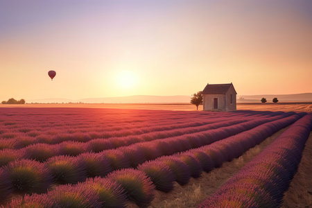 Endless lavender field with little shed and flying hot air balloon at a sunrise time in Valensole, Generative AIの素材