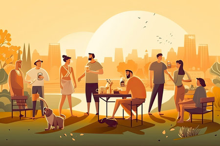 Concept of a moment of conviviality, with a group of friends gathered around a barbecue, to spend a moment of relaxation under the sun of a summer day.Generative AIの素材