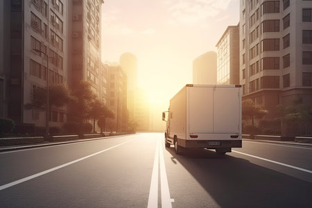 Rear angle view of delivery truck run on the road with sunrise cityscape,fast delivery,cargo logistic.Generative AIの素材